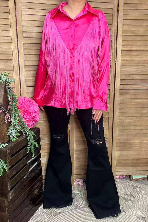 Western Pink button up long sleeve blouse w/fringe tassels XCH13345