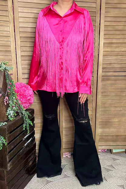 Western Pink button up long sleeve blouse w/fringe tassels XCH13345