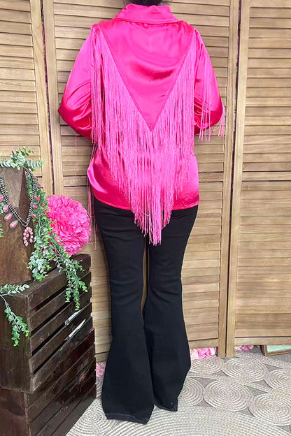 Western Pink button up long sleeve blouse w/fringe tassels XCH13345