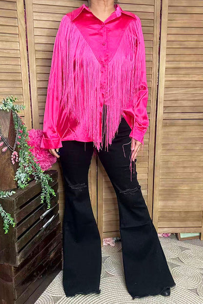 Western Pink button up long sleeve blouse w/fringe tassels XCH13345