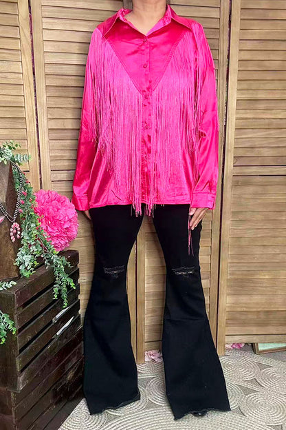 Western Pink button up long sleeve blouse w/fringe tassels XCH13345