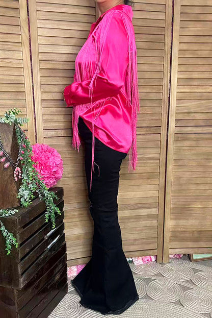 Western Pink button up long sleeve blouse w/fringe tassels XCH13345