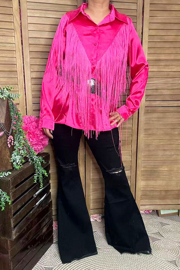 Western Pink button up long sleeve blouse w/fringe tassels XCH13345
