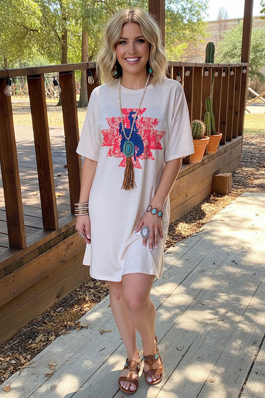 Cowboy riding a horse beige printed dress XCH13464