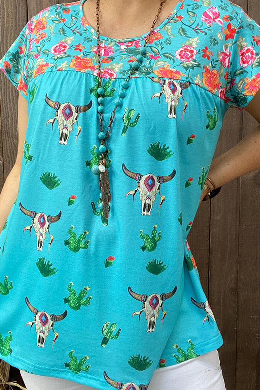 XCH13661S Floral & Bull & Cactus prints short sleeve women top