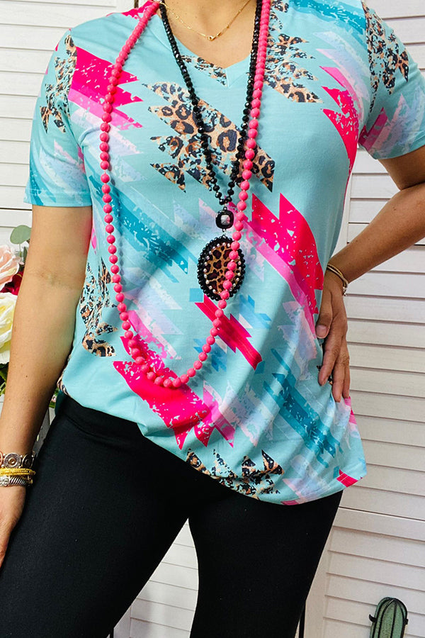 Wholesale women t-shirt Leopard & Turquoise printed short sleeve top XCH13682-1