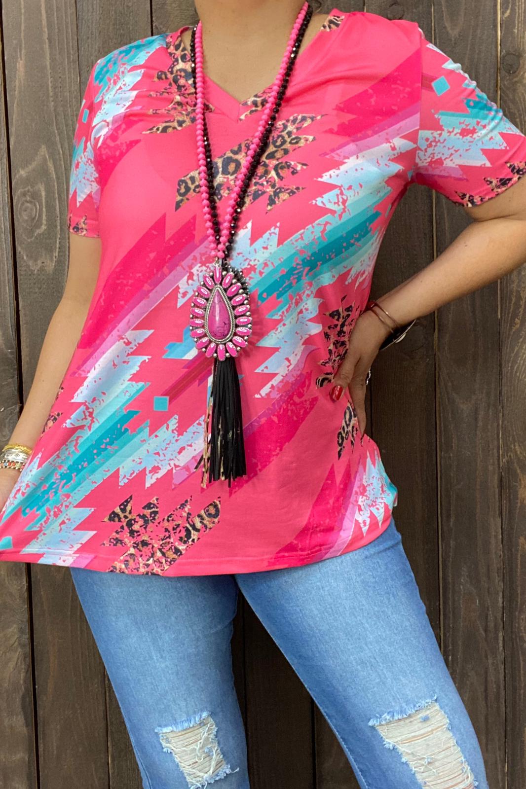 Prints turquoise color block on pink background with short sleeves women tops XCH13682-2