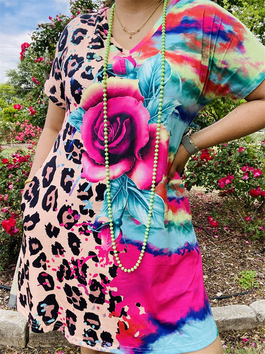XCH13730 Half leopard & tie dye floral multi color printed short sleeve women dress