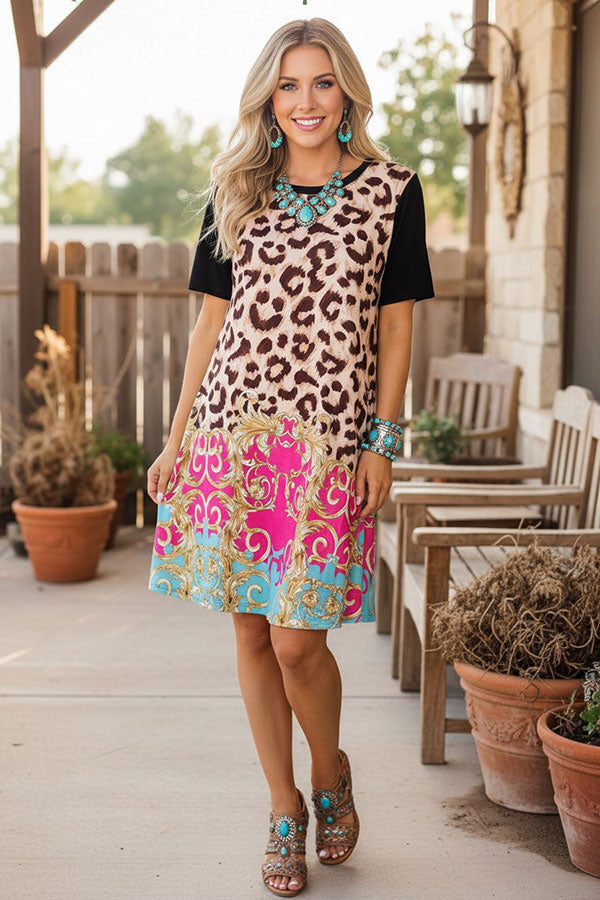 Western Leopard & Paisley patchwork women boutique dress XCH13791