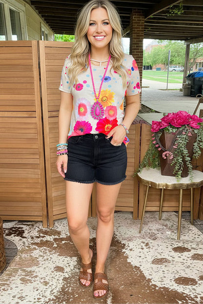 Chic Tan floral printed short sleeve women's boutique top Southern Stitch XCH13888