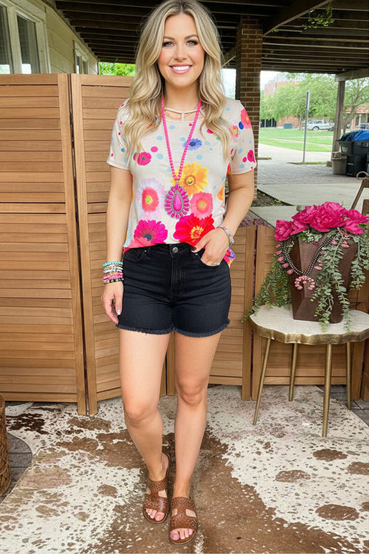 Chic Tan floral printed short sleeve women's boutique top Southern Stitch XCH13888