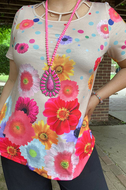 Chic Tan floral printed short sleeve women's boutique top Southern Stitch XCH13888