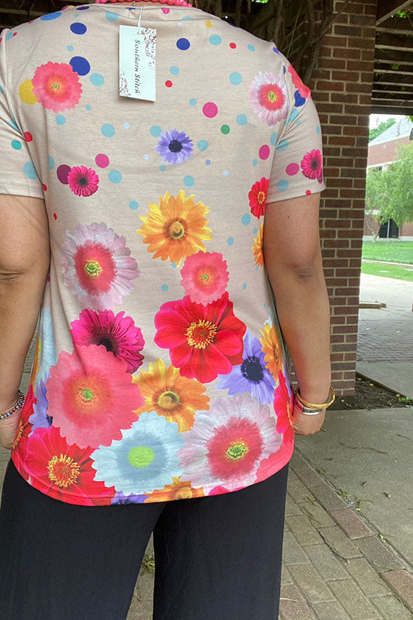 Chic Tan floral printed short sleeve women's boutique top Southern Stitch XCH13888