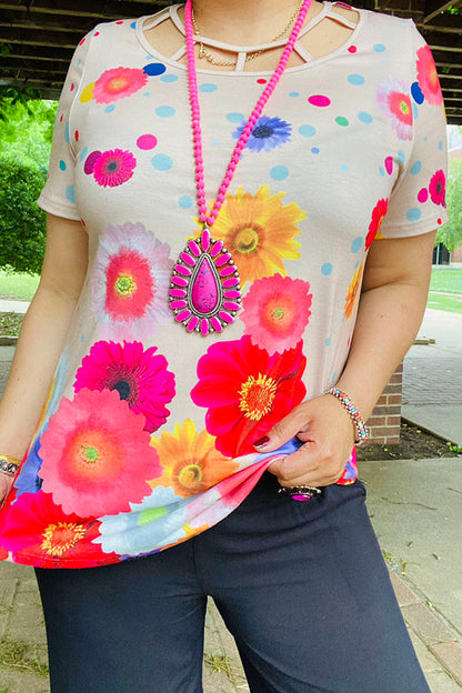 Chic Tan floral printed short sleeve women's boutique top Southern Stitch XCH13888