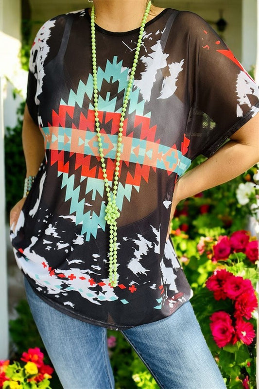 Women's clothing suppliers western Aztec printed black mesh short sleeves top XCH14058