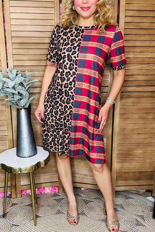 Half leopard & checkered printed short sleeve women dress XCH14124