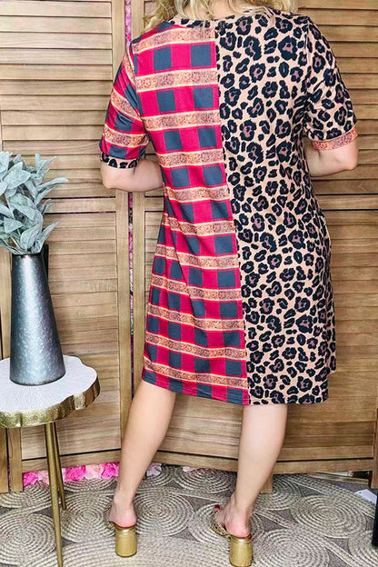 Half leopard & checkered printed short sleeve women dress XCH14124