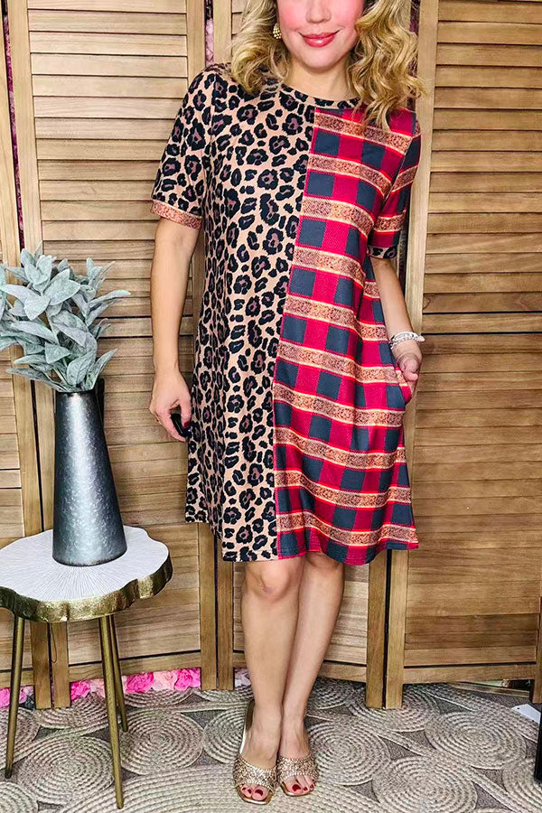 Half leopard & checkered printed short sleeve women dress XCH14124