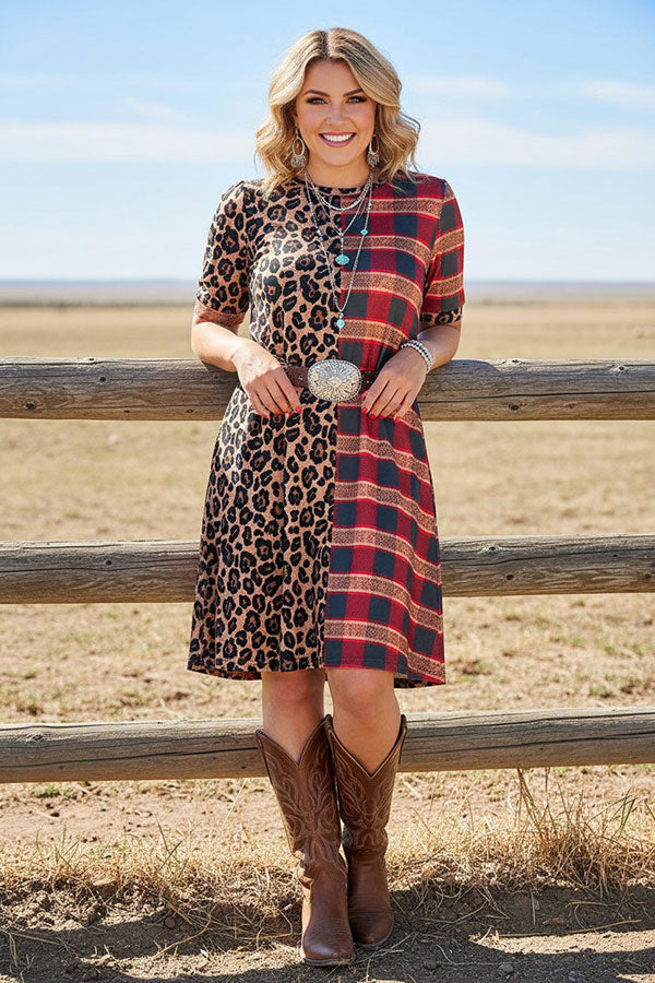 Western half leopard & checkered short sleeve women's boutique dress XCH14124