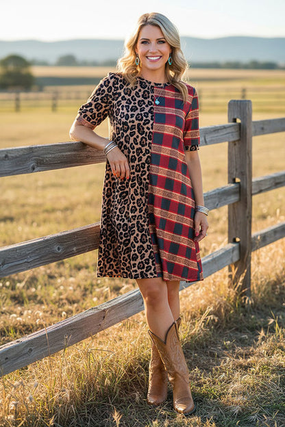 Western half leopard & checkered short sleeve women's boutique dress XCH14124