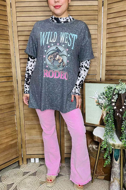Plus size T-shirt wholesale "WILD WEST RODEO"Western gray women tops XCH14272