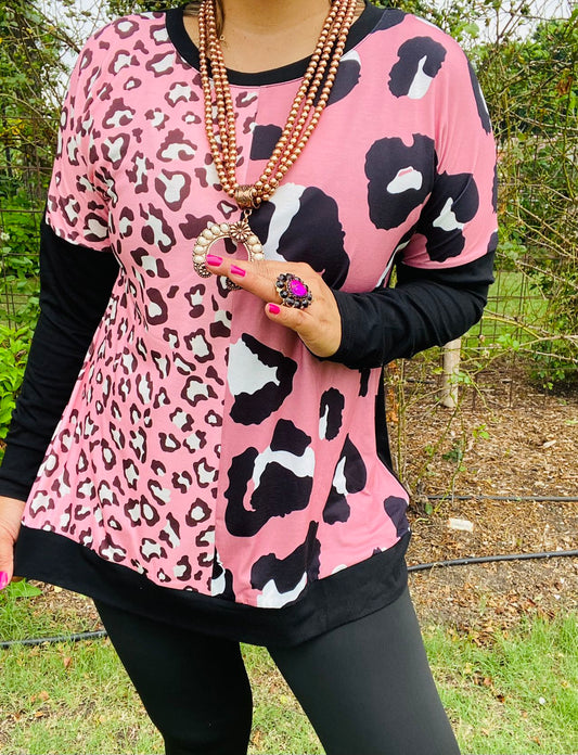 XCH14273 Half pink leopard printed black long sleeve women top