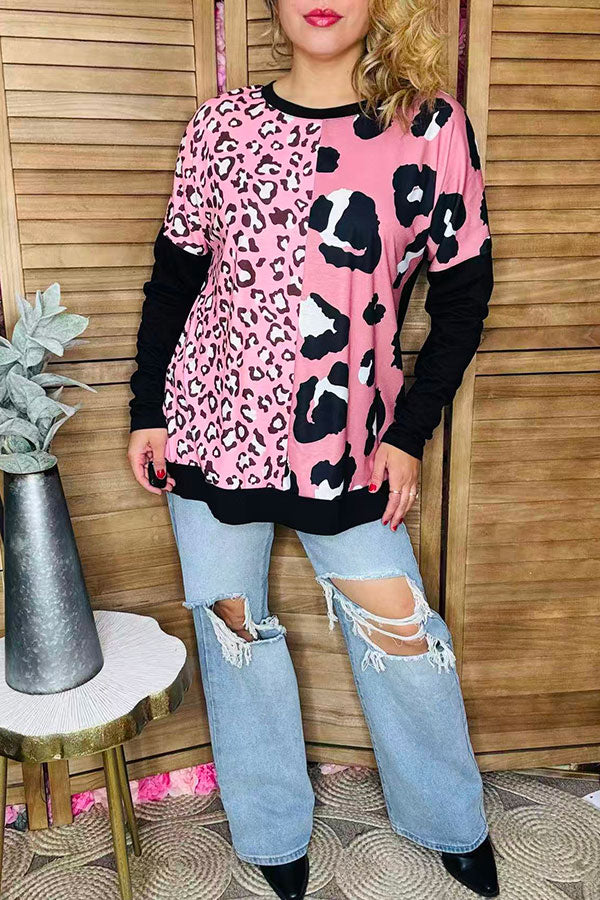 Plus size western Half pink leopard printed black long sleeve women top XCH14273
