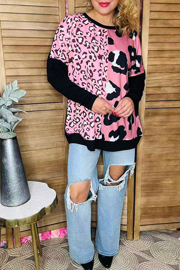Plus size western Half pink leopard printed black long sleeve women top XCH14273
