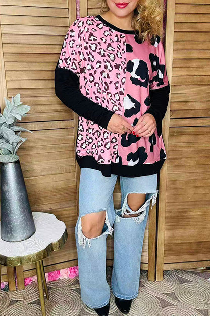 Plus size western Half pink leopard printed black long sleeve women top XCH14273