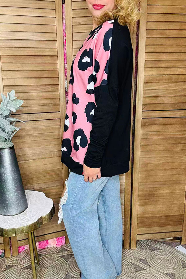 Plus size western Half pink leopard printed black long sleeve women top XCH14273
