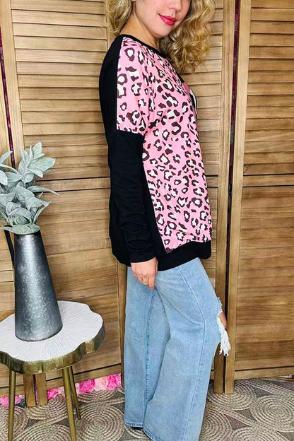 Plus size western Half pink leopard printed black long sleeve women top XCH14273