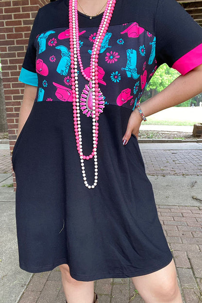 Western hat & boots printed & black block short sleeve women dress XCH14282