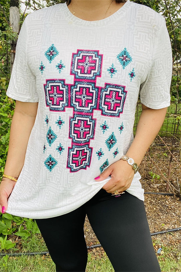 XCH14333 Turquoise & Pink Aztec printed short sleeve women top