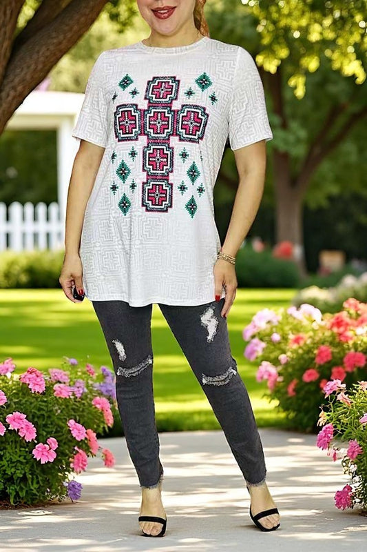 Southern women's clothing suppliers Turquoise & Pink Aztec printed short sleeve top XCH14333