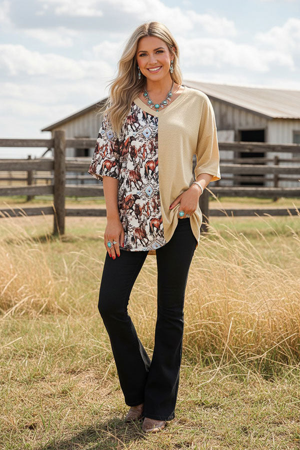 Western horse & tan short sleeve women's boutique top XCH14343