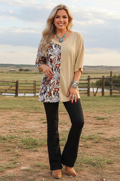Western horse & tan short sleeve women's boutique top XCH14343