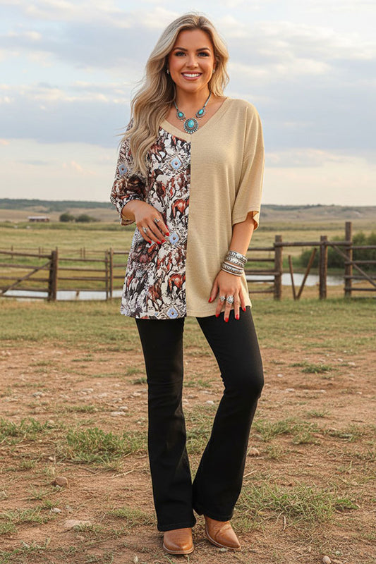 Western horse & tan short sleeve women's boutique top XCH14343