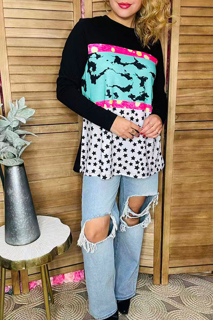 Plus size western patterns printed black color block long sleeve women top XCH14357