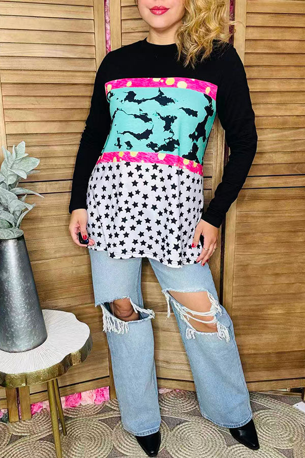 Plus size western patterns printed black color block long sleeve women top XCH14357