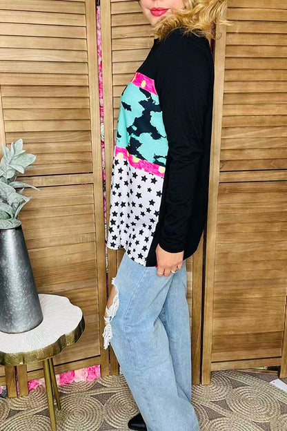 Plus size western patterns printed black color block long sleeve women top XCH14357