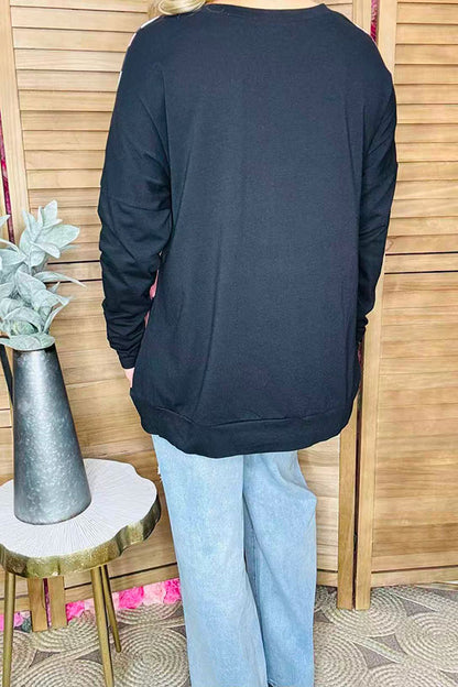 Plus size western Half pink leopard printed black long sleeve women top XCH14273