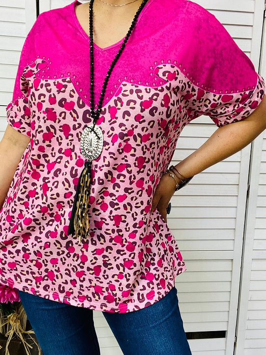 XCH14420 Multi leopard color printed Fuchsia short sleeves women tops