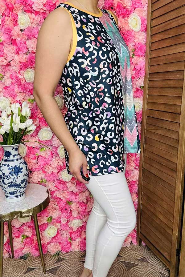 Women clothing vendors Multi color leopard color block sleeveless top XCH14427