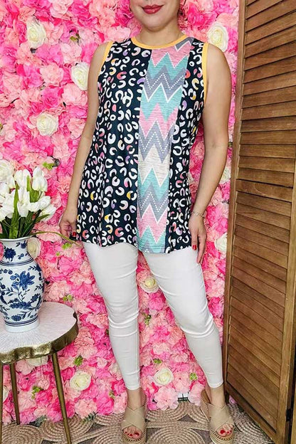 Women clothing vendors Multi color leopard color block sleeveless top XCH14427