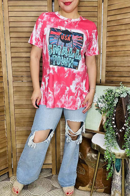 Western women t-shirt "USA SMALL TOWN" tie dye & short sleeves women tops XCH14473