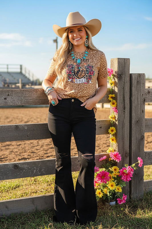 REDEO JUNKIE western leopard short sleeve women t-shirt XCH14477