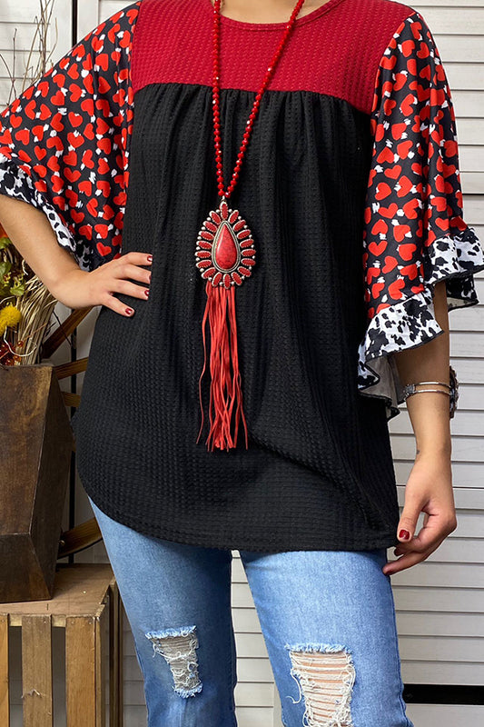 XCH14528 Black, Red, Hearts & cow printed bell sleeve top