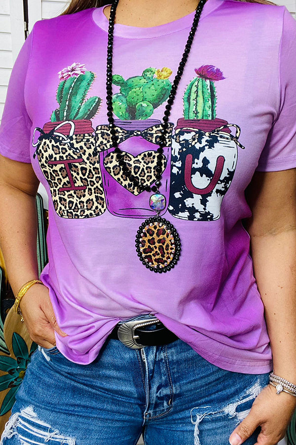 XCH14540 Cactus leopard printed purple short sleeve women top
