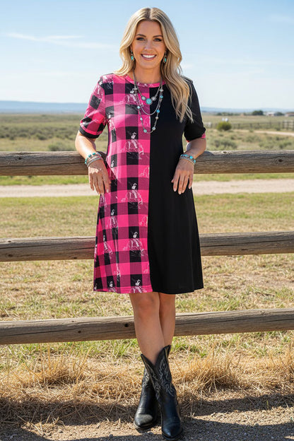 Western half pink plaid & horse riding & black women dress XCH14543