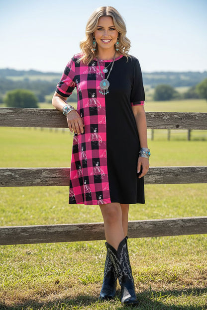 Western half pink plaid & horse riding & black women dress XCH14543